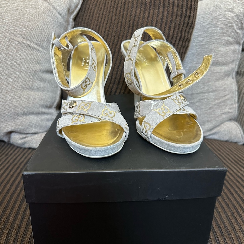 Gucci Women's Elegant Gold and Silver Ankle Wrap Sandals